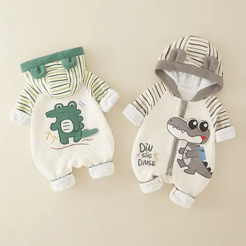 Tutina per Neonato in Cotone Trapuntato con Coccodrillo Cartone Animato Tuta a Manica Lunga con Cappuccio per Primavera Autunno Abbigliamento Bimbi