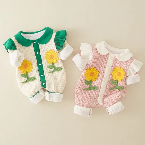 Infant Baby Waffle Knit Romper Sunflower Embroidery Peter Pan Collar Ruffle Long Sleeve Cotton Lining Jumpsuit Spring Autumn