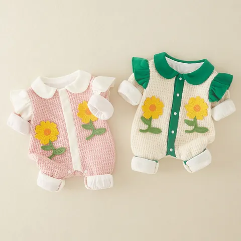 Infant Baby Waffle Knit Romper Sunflower Embroidery Peter Pan Collar Ruffle Long Sleeve Cotton Lining Jumpsuit Spring Autumn