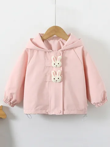 Baby Girls Rabbit Ear Hooded Windbreaker Jacket Cute Bunny Decor Cartoon Outerwear Zip Up Windproof Spring Autumn Coat