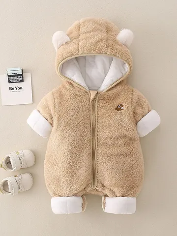 Schattig Baby Fleece Kruippakje Met Capuchon Winter Warm Gewatteerd Romper Met Berenoren Dierlijk Borduurwerk Voor Pasgeboren Jongens Meisjes
