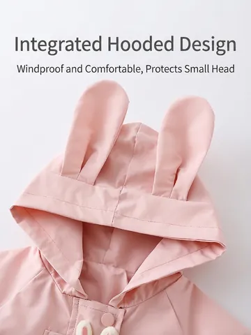 Baby Girls Rabbit Ear Hooded Windbreaker Jacket Cute Bunny Decor Cartoon Outerwear Zip Up Windproof Spring Autumn Coat