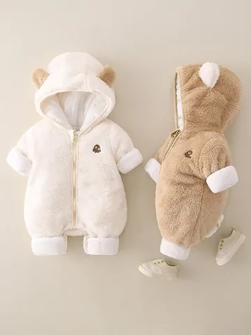 Schattig Baby Fleece Kruippakje Met Capuchon Winter Warm Gewatteerd Romper Met Berenoren Dierlijk Borduurwerk Voor Pasgeboren Jongens Meisjes