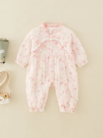 Pagliaccetto per Neonata in Stile Cinese Floreale Tradizionale Tang Suit Hanfu Manica Lunga Body Intero Primavera Autunno Con Bottoni ad Alamaro