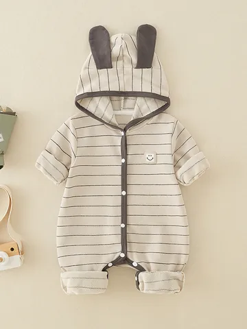 Infant Baby Cotton Striped Hooded Romper With Bunny Ears Long Sleeve Smile Patch Jumpsuit Spring Autumn Toddler Clothing