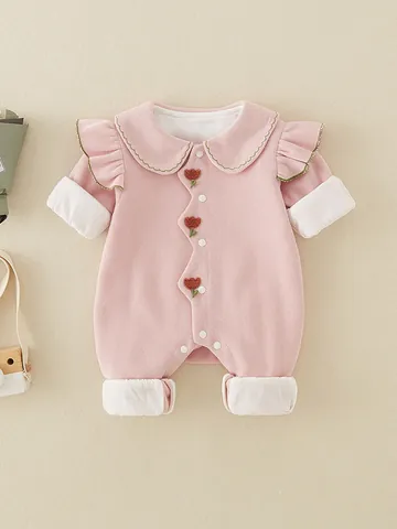 Baby Girls Sweet Princess Romper Long Sleeve Cotton Peter Pan Collar Ruffle Tulip Embroidery Jumpsuit For Spring Autumn