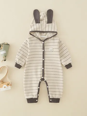 Infant Baby Cotton Striped Hooded Romper With Bunny Ears Long Sleeve Smile Patch Jumpsuit Spring Autumn Toddler Clothing