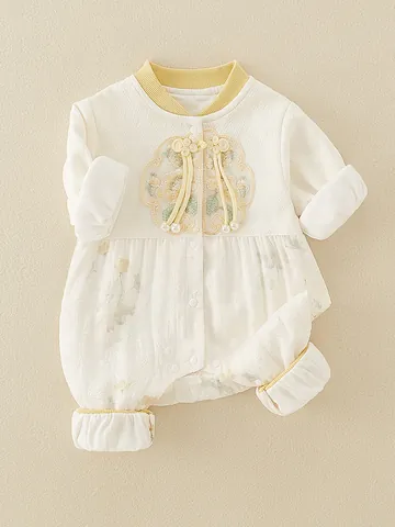 Chinese Style Baby Girl Romper Long Sleeve Embroidery Floral Jumpsuit With Frog Button Artificial Pearl Decor Newborn Autumn Outfit