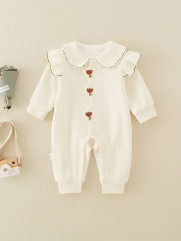 Baby Girls Sweet Princess Romper Long Sleeve Cotton Peter Pan Collar Ruffle Tulip Embroidery Jumpsuit For Spring Autumn