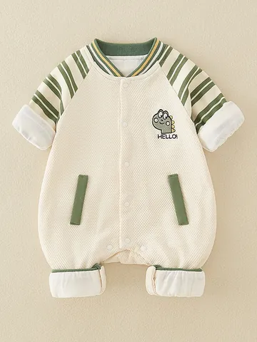 Baby Waffle Knit Cotton Romper Long Sleeve Cartoon Dinosaur Striped Jumpsuit For Infant Spring Autumn Casual Sleepwear