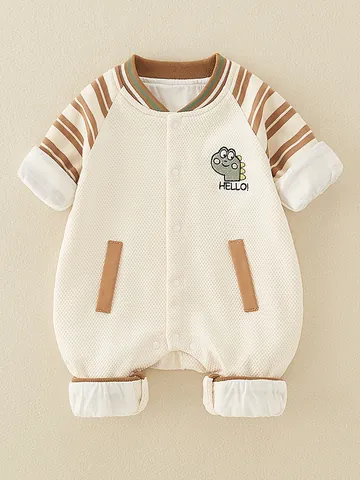 Baby Waffle Knit Cotton Romper Long Sleeve Cartoon Dinosaur Striped Jumpsuit For Infant Spring Autumn Casual Sleepwear