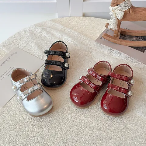 Girls Mary Jane Shoes Patent Leather Double Bow Princess Dress Shoes With Pearl Decoration For Wedding Party Toddler Flats