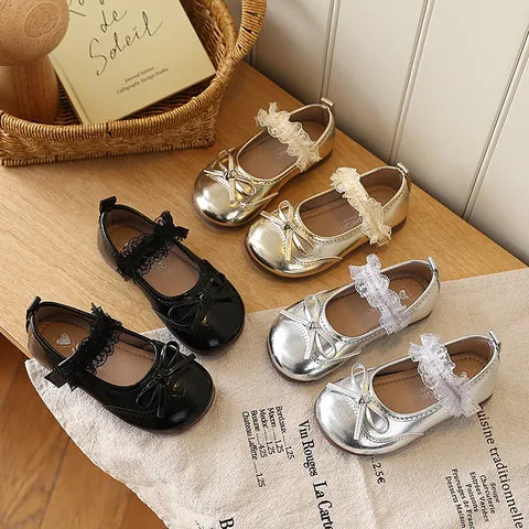 Girls Mary Jane Shoes Faux Leather Princess Shoes With Bow And Lace Trim Soft Sole Wedding Party Dress Shoes For Toddler Little Kids Fashion Footwear