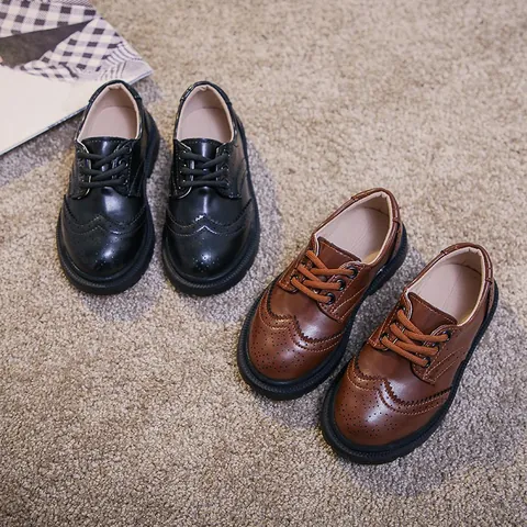 Kids British Style Brogue Leather Shoes Vintage Wingtip Lace Up Oxford Shoes For Boys Girls Performance School Uniform Shoes