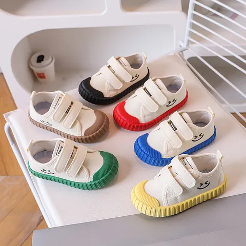 Kids Canvas Shoes Smile Face Pattern Casual Sneakers For Boys Girls Anti-Slip Breathable Hook And Loop Toddler Walking Shoes