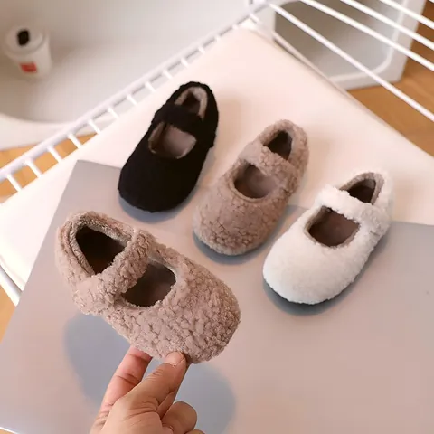Zapatos Mary Jane de Felpa Cálidos para Niños Pequeños Invierno Estilo Coreano Suela Blanda Niña Forro de Felpa