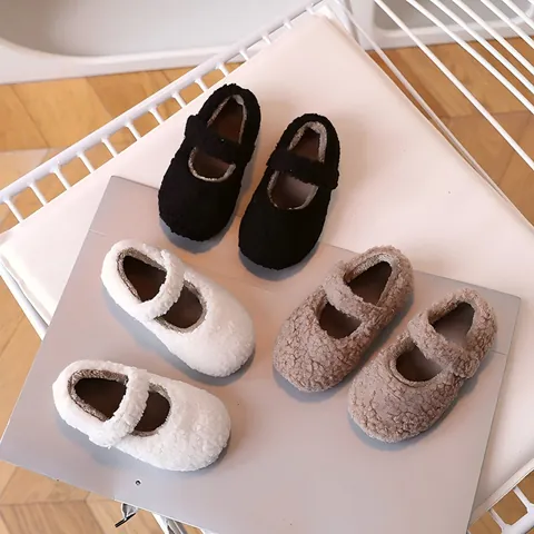 Zapatos Mary Jane de Felpa Cálidos para Niños Pequeños Invierno Estilo Coreano Suela Blanda Niña Forro de Felpa