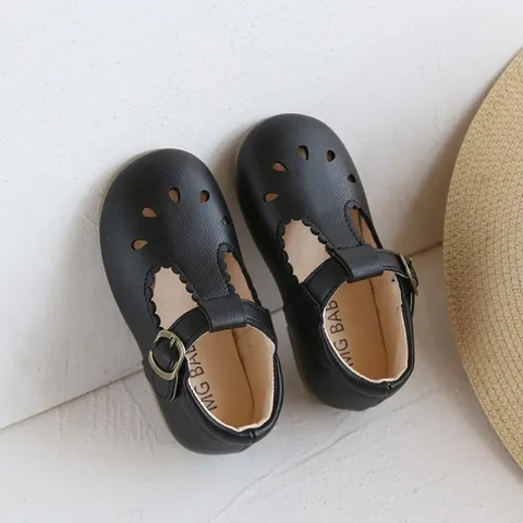 Vintage Baby Girl Mary Jane Shoes Scalloped Edge Hollow Out T-Strap Princess Shoes Microfiber Leather Toddler Soft Sole Flats