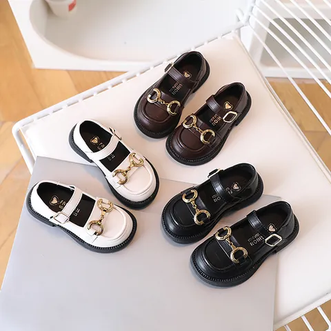 Girls Mary Jane Shoes Retro British School Uniform Shoes With Golden Horsebit Metal Buckle Crocodile Pattern Kids Dress Shoes