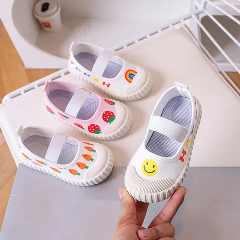 Girls Mary Jane Canvas Shoes Breathable Slip On Toddler Kids Sneakers Strawberry Carrot Smile Pattern Anti Collision Toe Casual School Shoes