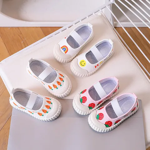 Girls Mary Jane Canvas Shoes Breathable Slip On Toddler Kids Sneakers Strawberry Carrot Smile Pattern Anti Collision Toe Casual School Shoes