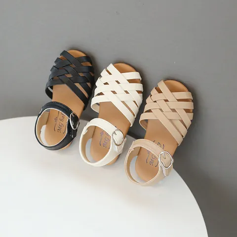 Girls Woven Sandals Summer Open Toe Princess Beach Shoes Synthetic Leather Soft Sole Woven Cross Straps For Toddler Kids Walking Sandals