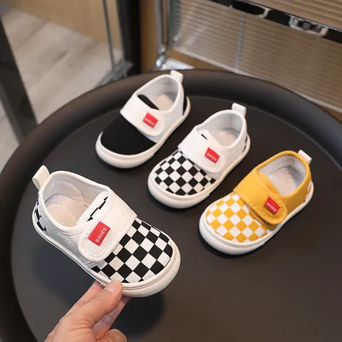 Kids Canvas Shoes Checkered Pattern Hook And Loop Breathable Toddler Boys Girls Casual School Sneakers Walking Shoes
