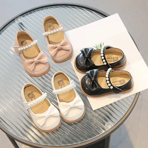 Chaussures Mary Jane pour Filles Nœud Papillon en Künstliche Perles Chaussures Plates de Princesse en Croûte de Cuir de Vache Antidérapantes pour Mariage Fête Enfants