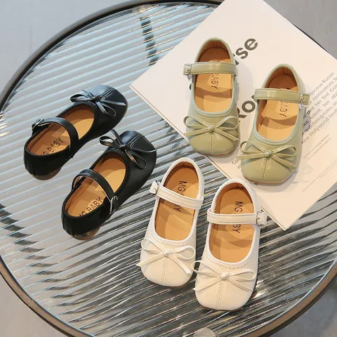 Girls Mary Jane Princess Shoes Bowknot Cow Split Leather Soft Sole Flat Dress Shoes For School Wedding Party Kids