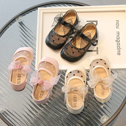 Peuter Meisjes Prinses Mary Jane Schoenen Mesh Hart Patroon Grote Strik Zachte Zool Antislip Platte Nette Schoenen
