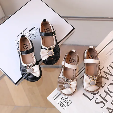 Girls Mary Jane Princess Shoes With Bow Bunny Buckle Contrast Color Breathable Anti-Slip Flat Formal Kids Leather Shoes