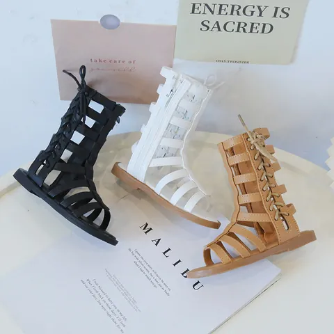 Kids Girls High Top Gladiator Sandals Summer Roman Style PU Leather Cut-out Breathable Princess Shoes With Side Zipper Back Bowknot Fashion Toddler Flat Sandals