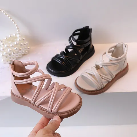 Girls Retro Gladiator Sandals Synthetic Leather Cross Straps Back Zipper Summer Breathable Non-slip Shoes For Toddler Kids