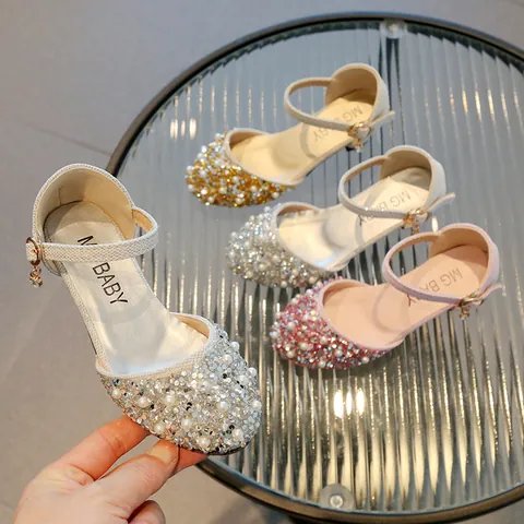 Girls Princess Sandals Kids Sequins Artificial Pearl Rhinestone Low Heel Mary Jane Shoes For Wedding Party Performance Dress Shoes