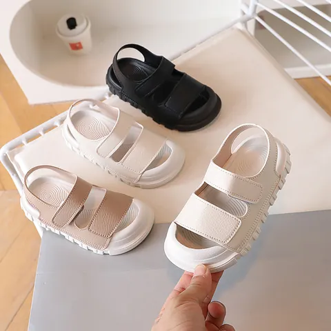 Kids Casual Synthetic Leather Sandals Closed Toe Beach Shoes With Hook And Loop Thick Anti Slip Soft Sole Boys Girls Footwear