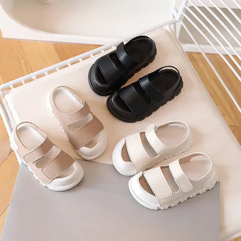 Kids Casual Synthetic Leather Sandals Closed Toe Beach Shoes With Hook And Loop Thick Anti Slip Soft Sole Boys Girls Footwear