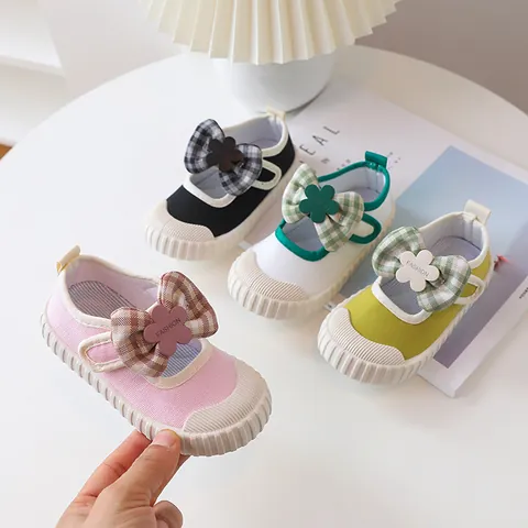Toddler Girls Bowknot Mary Jane Canvas Shoes Fashion Flower Ornament Princess Flat Sneakers For Preschool Nursery Daily Casual Wear