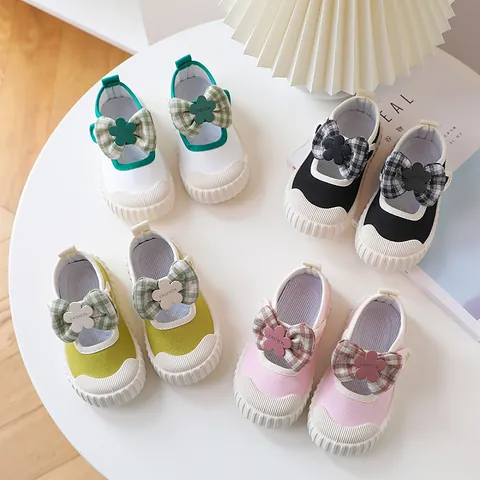 Toddler Girls Bowknot Mary Jane Canvas Shoes Fashion Flower Ornament Princess Flat Sneakers For Preschool Nursery Daily Casual Wear