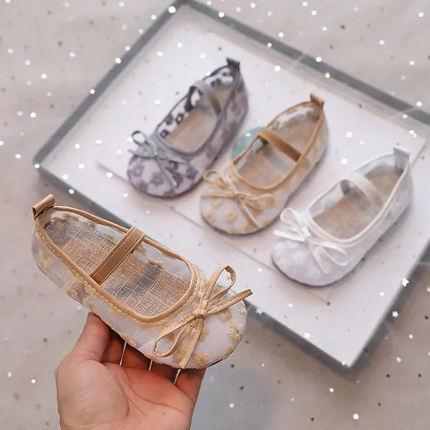 Girls Princess Mary Jane Shoes Breathable Mesh Floral Embroidery Bow Flat Sandals For Toddlers Kids Summer Fashion Shoes