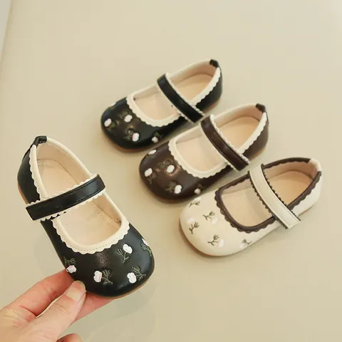 Girls Mary Jane Shoes Floral Embroidery Scalloped Trim PU Leather Flat Shoes For Toddler Little Kids Princess Party Dress Shoes