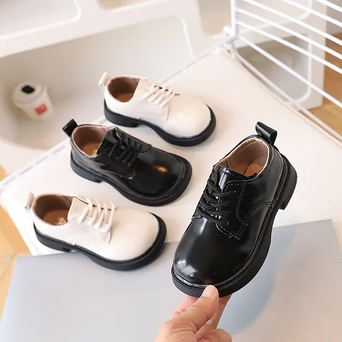 Kids British Style Lace-up PU Leather Dress Shoes Non-slip Soft Sole Boys Girls School Uniform Performance Shoes