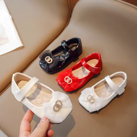 Girls Mary Jane Princess Shoes Patent Leather Bowknot Rhinestone Wedding Party Dress Flat Shoes For Toddler Kids