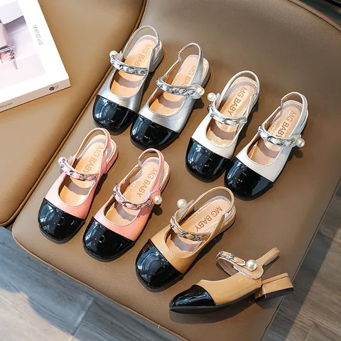 Girls Mary Jane Shoes Faux Pearl Metal Chain Decor Glossy Patent Leather Patchwork Princess Flat Shoes For Party School Kids Casual Single Shoes