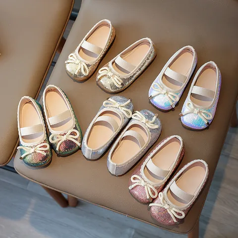 Girls Sequin Mary Jane Shoes Glitter Princess Flats With Bow Knot Elastic Strap Party Performance Wedding Dress Shoes