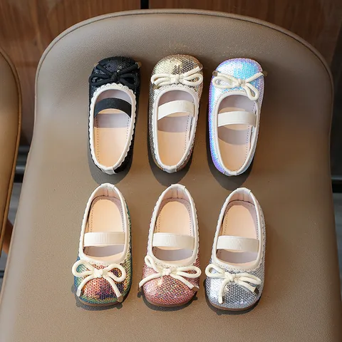 Girls Sequin Mary Jane Shoes Glitter Princess Flats With Bow Knot Elastic Strap Party Performance Wedding Dress Shoes