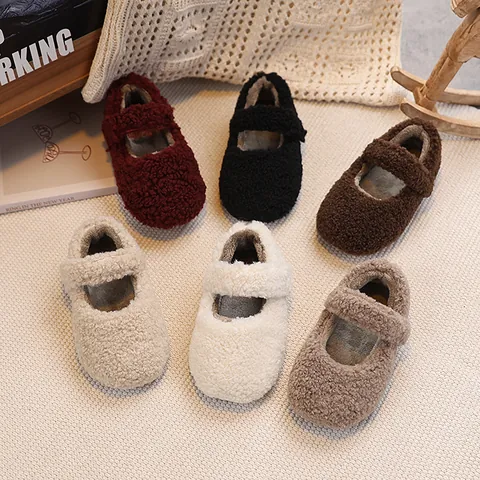 Girls Kids Sherpa Fleece Mary Jane Shoes Winter Warm Plush Velcro Anti Slip Flat Princess Shoes For Toddler Little Girls
