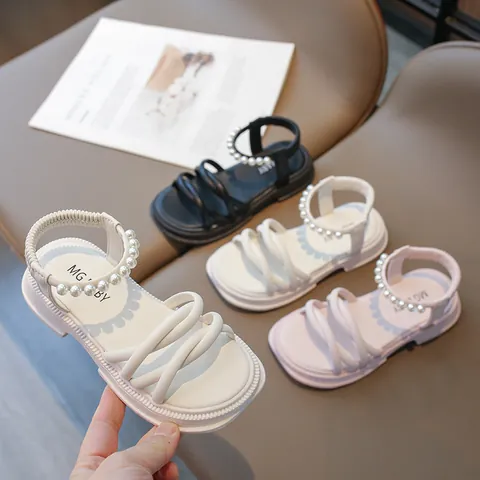 Sandales de Princesse Élégantes pour Filles Ornement de Künstliche Perles Artificielles Semelle Épaisse Chaussures d'Été Brides Croisées Bande Élastique