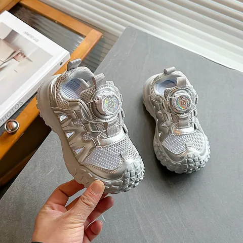 Kids Athletic Sandals Summer Mesh Hollow Sports Shoes Rotary Dial Button Closure Breathable Anti Slip For Boys Girls
