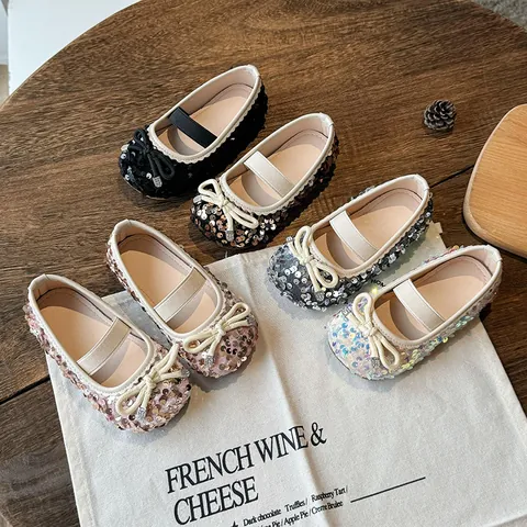 Girls Sequin Mary Jane Princess Shoes Bowknot Elastic Strap Breathable PU Lining Non-Slip Rubber Sole Party Dress Shoes