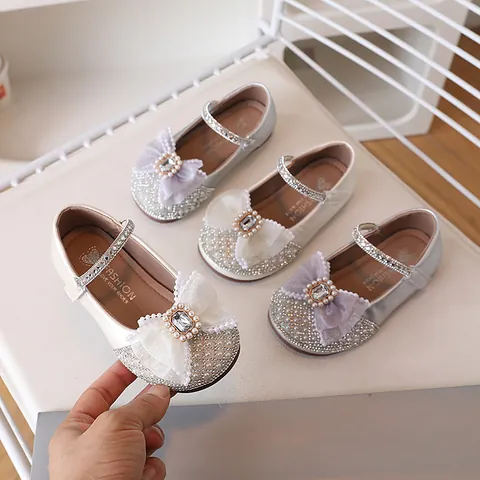 Girls Princess Shoes Rhinestone Pearl Bow Mary Jane Dress Shoes For Kids Toddlers Soft Sole Non-Slip Single Shoes Wedding Party Shoes